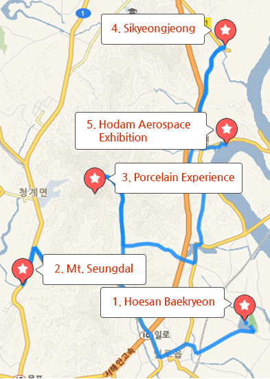 Hoesan Baekryeon → Mt. Seungdal, Beopchoensa Mokwooam → Lunch → Porcelain Experience → Sikyeongjeong → Hodam Aerospace Exhibition