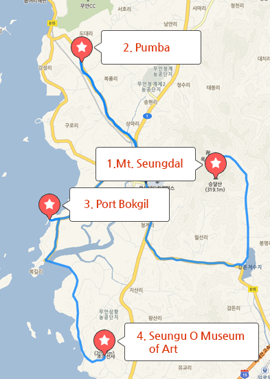 Mt. Seungdal(Beopcheonsa) → Lunch → Pumba → Port Bokgil  → Dinner → Sleep → Seungu O Museum of Art→ Lunch